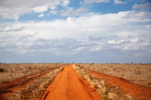 Red soil way, blue sky with clouds, scenery of Kenya.