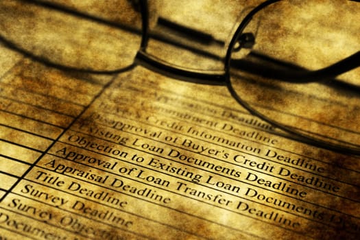 Glasses on survey form  grunge concept