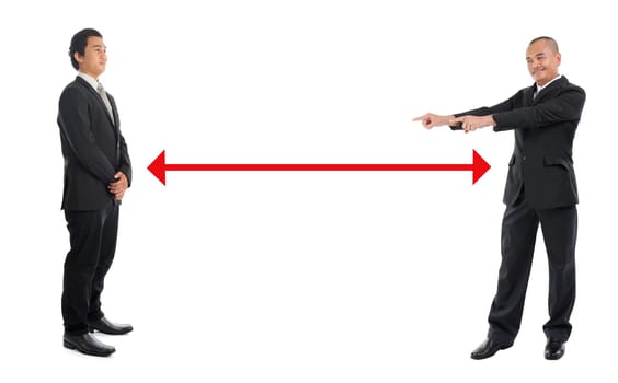 Business people with red arrow represent social distance of corona virus or covid-19 issue. Social distancing concept.