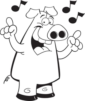 Black and white illustration of a pig singing.