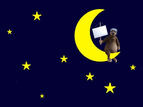 3D rendering of a cute sleepy cartoon bear wearing a night cap and sitting on a crescent moon, holding a blank sign, in the night sky surrounded by stars.