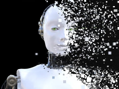 3D rendering of the head of a female robot. The head is breaking apart into pixels or windows. Black background.