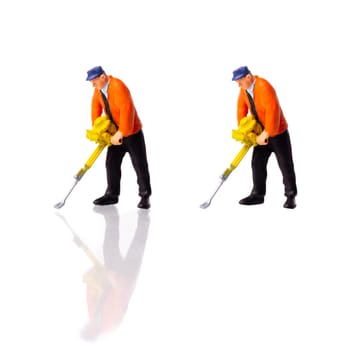 Little People Builder worker with pneumatic hammer drill equipment on white background