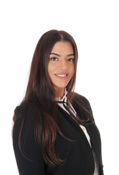 A gorgeous young woman standing in a black jacket with long brunette.hair, isolated for white background.