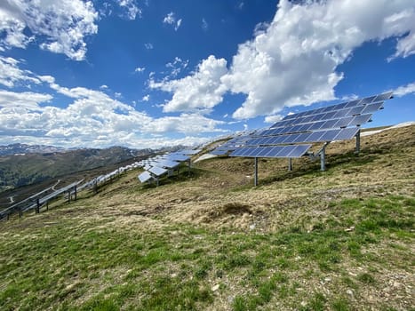 Solar Panel European Alps, high altitude landscape with alternative energy