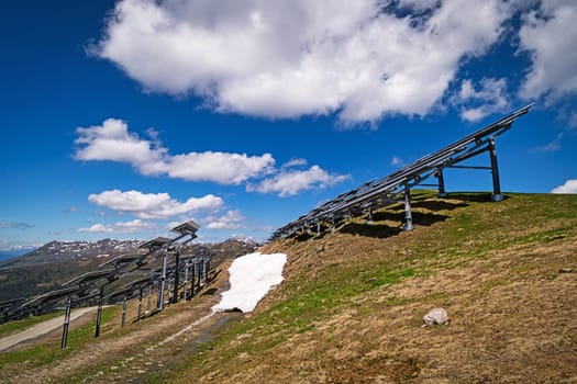Solar Panel European Alps, high altitude landscape with alternative energy
