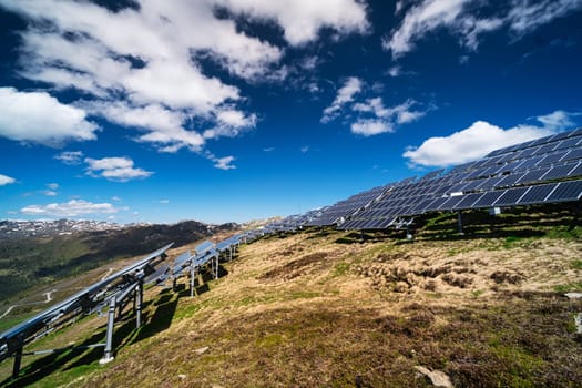 Solar Panel European Alps, high altitude landscape with alternative energy