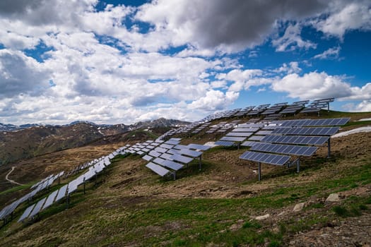 Solar Panel European Alps, high altitude landscape with alternative energy