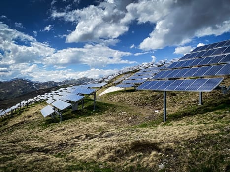 Solar Panel European Alps, high altitude landscape with alternative energy