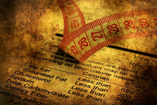 Nutrition facts and measure tape grunge concept