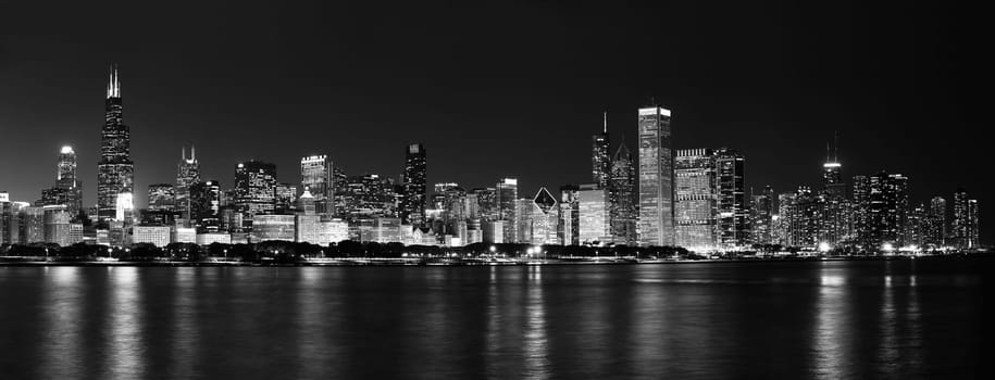The Chicago Skyline at Night Black and White