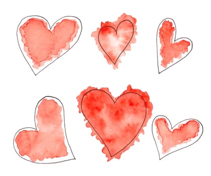 Abstract watercolor hearts set. Hand drawn sketch of red hearts