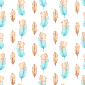 Watercolor fashion seamless pattern with feathers.Hand drawn turquoise and light brown feathers sketches. Isolsted on white
