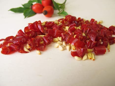 Dried rosehip peel and rosehip seeds from the wild rose dogrose