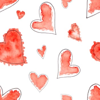 Seamless pattern of Abstract watercolor hearts set. Hand drawn sketch of red hearts