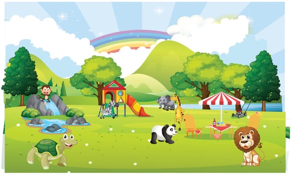 lion tortoise and all other animals are playing, rainbow after rain