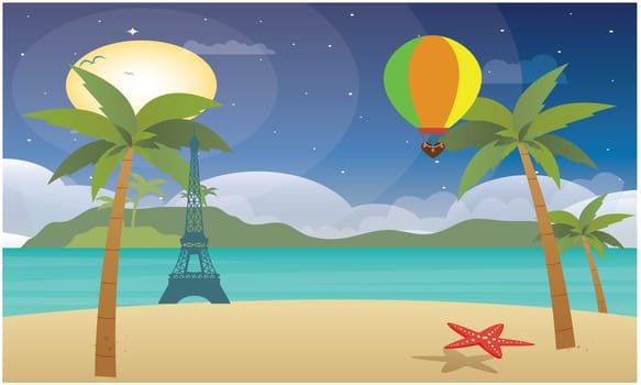 hot air balloon fly at sea above, star fish at beach