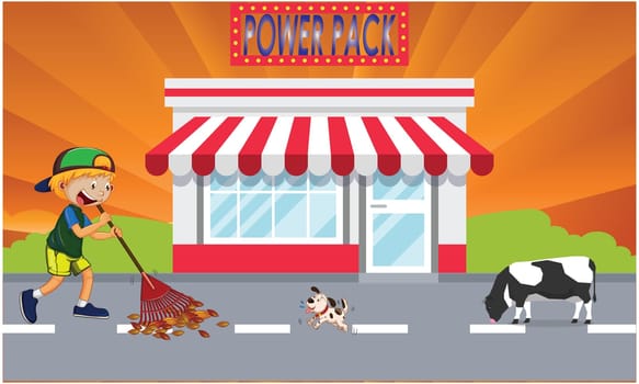 boy is cleaning road in front of shop, animals, boy, shop, abstract background
