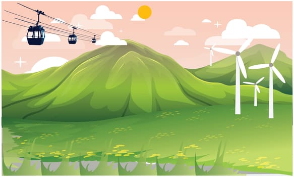 cable cars are working on wind mill power plant on sunny day