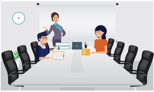 a business meeting to discuss on few points. a lady is giving some details to a boy and a sexy girl