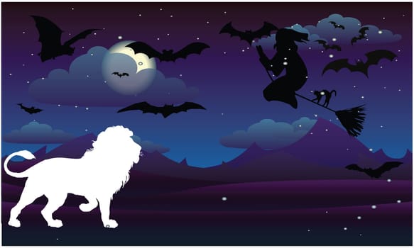 a magic silhouette with a white tiger in a dark night evening