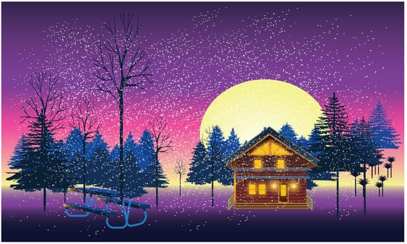 snow in winter night on tree and house