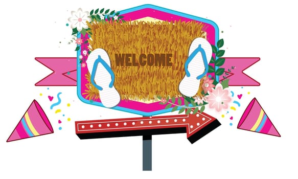 a welcome direction board with footprint and ribbon caps