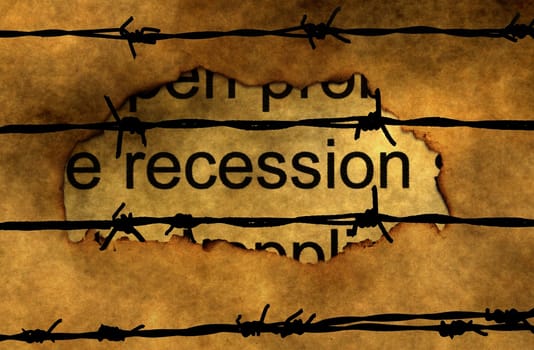 Recession text on paper hole against barbwire