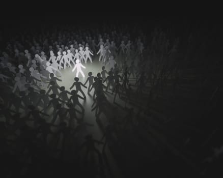 Group of people, united in the meeting of an organization. Paper cut out in the shape of people.