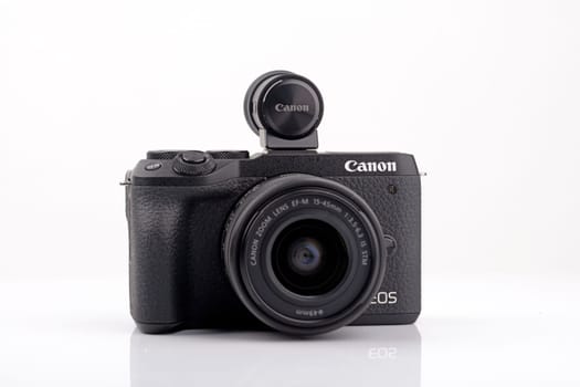 WETZLAR, Germany 2020_04_11: CANON EOS M6 Mark II on white background. Canon is a Japanese multinational corporation specializing in the manufacture of imaging and optical products manufacturing equipment in Tokyo, Japan.