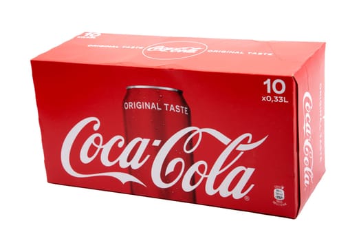 HUETTENBERG, GERMANY - FEBRUARY 03, 2020: Box with 10 COCA-COLA Cans isolated on white background.. Coca-Cola and the contour bottle design are trademarks of The Coca-Cola Company