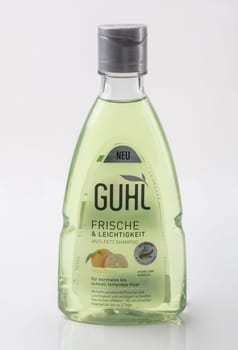WETZLAR, Germany 2020_04_11: Plastic Bottle GUHL Hair Shampoon over white background. GUHL IKEBANA GMBH, A KAO GROUP COMPANY is a german product.