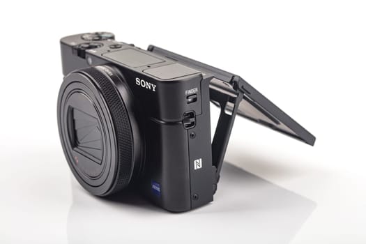 HUETTENBERG, GERMANY_ 06_APRIL_2020: SONY RX 100 VI is the premium compact camera from SONY with a 1.0 inch sensor over bright background