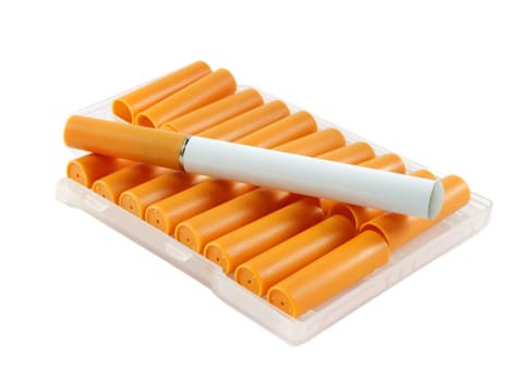 Closeup of electronic cigarette with filters over white surface
