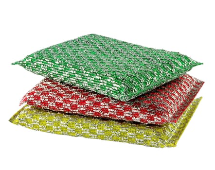 three color cleaning sponges over white