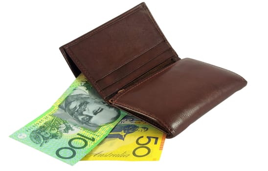 Brown wallet with Australian money over white