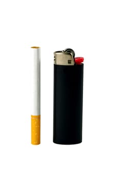 Closeup of lighter with cigarette isolated on white