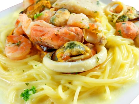 closeup of pasta with seafood