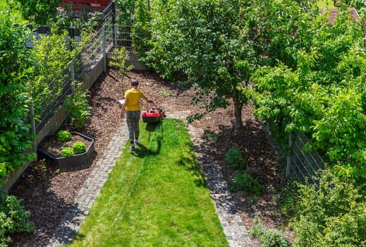 Boy cutting the grass with electric mower. Gardening concept. Top view