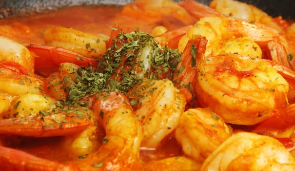 delicious cooking prawns closeup