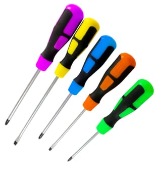 set of colorful screwdrivers over white