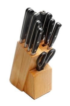 set of kitchen knives in wooden box