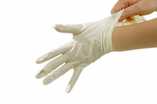 hand with medical gloves on white