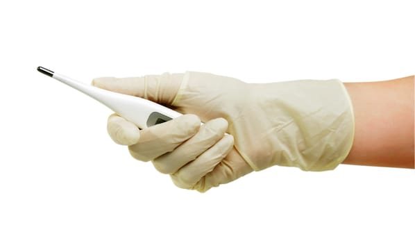 hand with medical gloves and thermometer on white