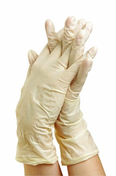 hand with medical gloves on white
