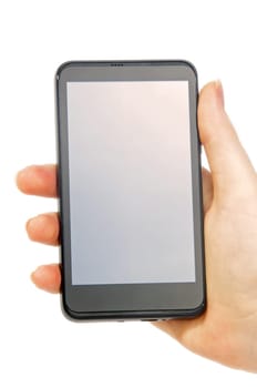 modern smartphone in female hand on white