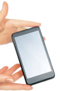 modern smartphone in female hand on white