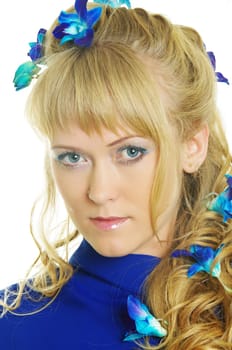 beautiful woman with blue iris flowers