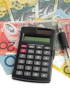 australian money with calculator over white