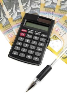 australian money with calculator over white